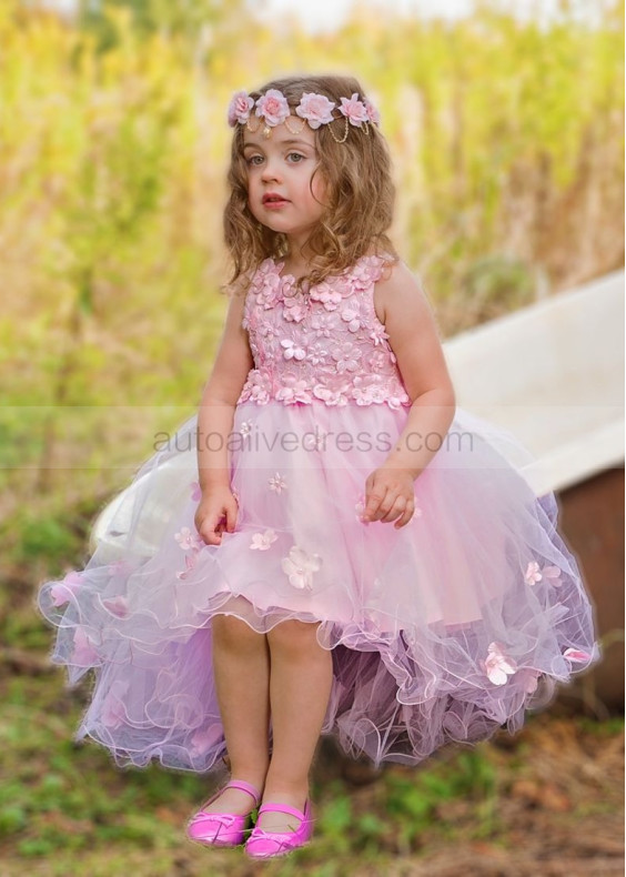 3D Flowers Blossom Tulle Curly Hem Fairy Flower Girl Dress